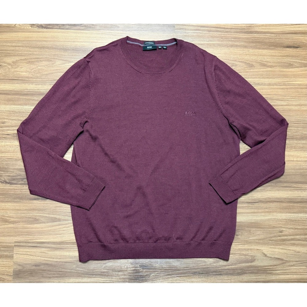 Hugo Boss Bagritte-E Merino Wool Crewneck Sweater Burgundy Sz XXL Logo Knit